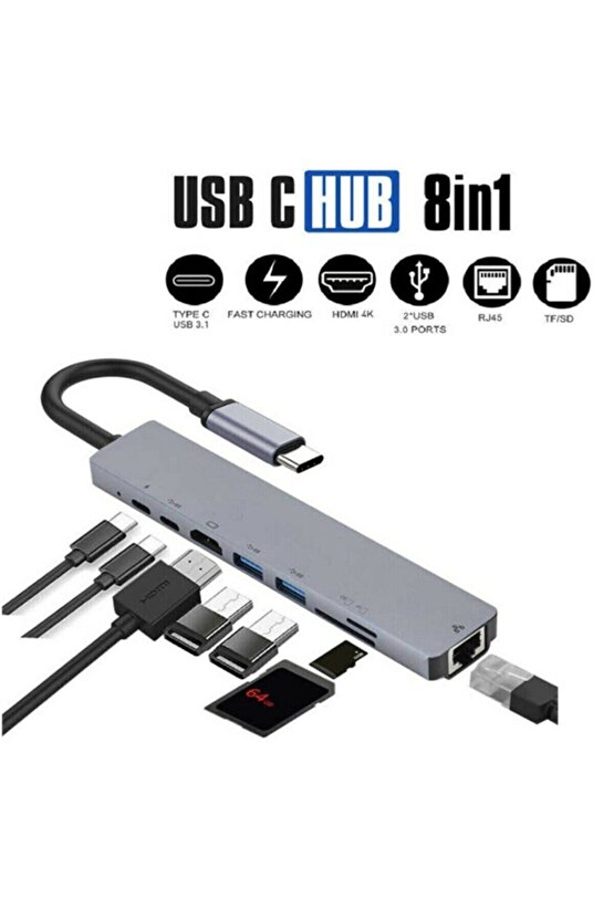 8 Port Ethernet Sd Usb Type C Hub Hdmı Giriş Macbook Chromebook Huawei Laptop Uyumlu Metal Çevirici