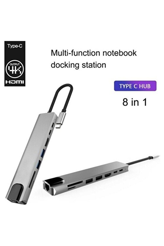 8 In 1 Ethernet Sd Usb Type C Portlu Hub Hdmı Girişli Macbook Uyumlu Kaliteli Metal Çevirici