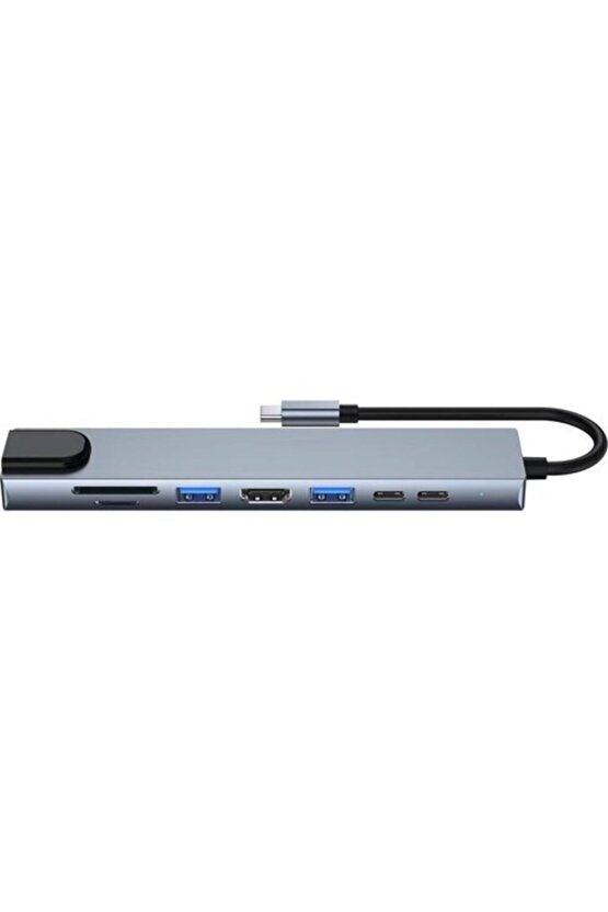 8 In 1 Ethernet Sd Usb Type C Portlu Hub Hdmı Girişli Macbook Uyumlu Kaliteli Metal Çevirici