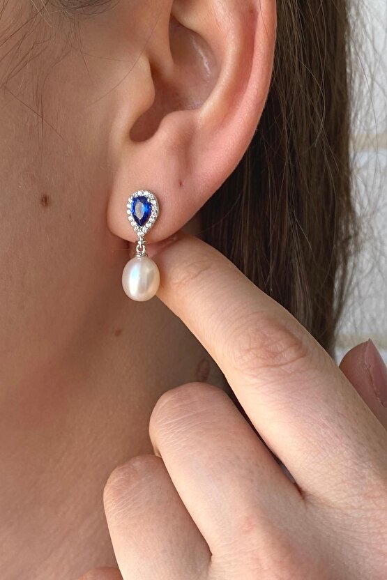 14 Ayar Altın 8 Mm Safir Doğal Inci Sallantı Küpe