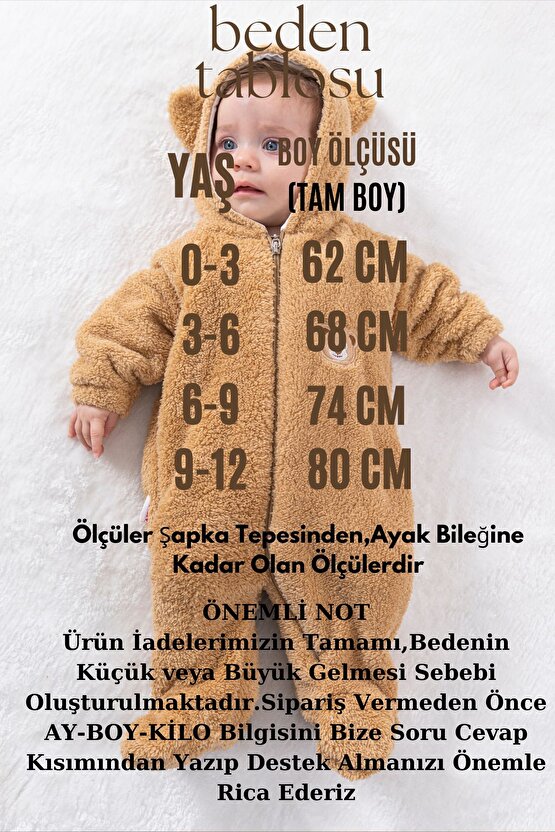 Welsoft Peluş Fermuarlı Kışlık Unisex Kız Erkek Bebek Uyku Tulumu Bebek Tulumu Çocuk Tulumu Kostümü