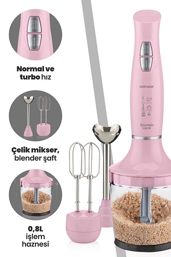 Yasemin 1000 Watt Sessiz Hız Ayarlı 3 In 1 Doğrama Karıştırma Blender Seti Pembe