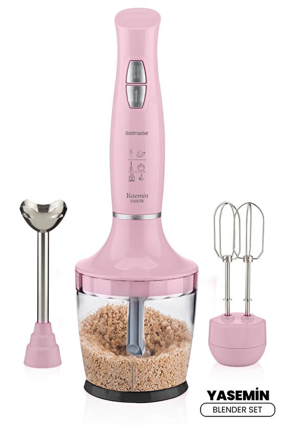 Yasemin 1000 Watt Sessiz Hız Ayarlı 3 In 1 Doğrama Karıştırma Blender Seti Pembe