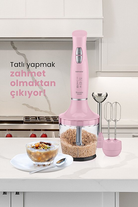 Yasemin 1000 Watt Sessiz Hız Ayarlı 3 In 1 Doğrama Karıştırma Blender Seti Pembe