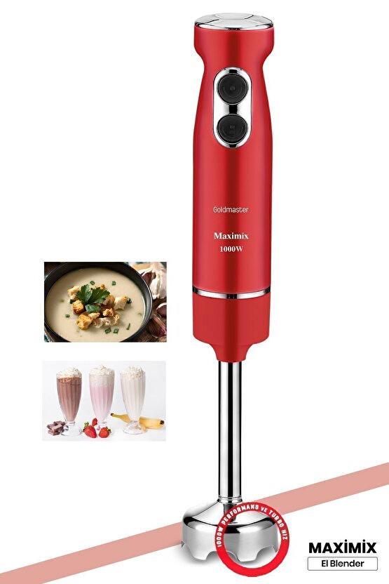 Maximix Kırmızı 1000 Watt 4 Bıçaklı Paslanmaz Çelik Turbo Hız Ayarlı El Blender