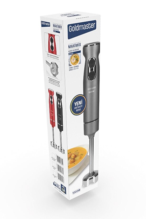 Maximix Kırmızı 1000 Watt 4 Bıçaklı Paslanmaz Çelik Turbo Hız Ayarlı El Blender