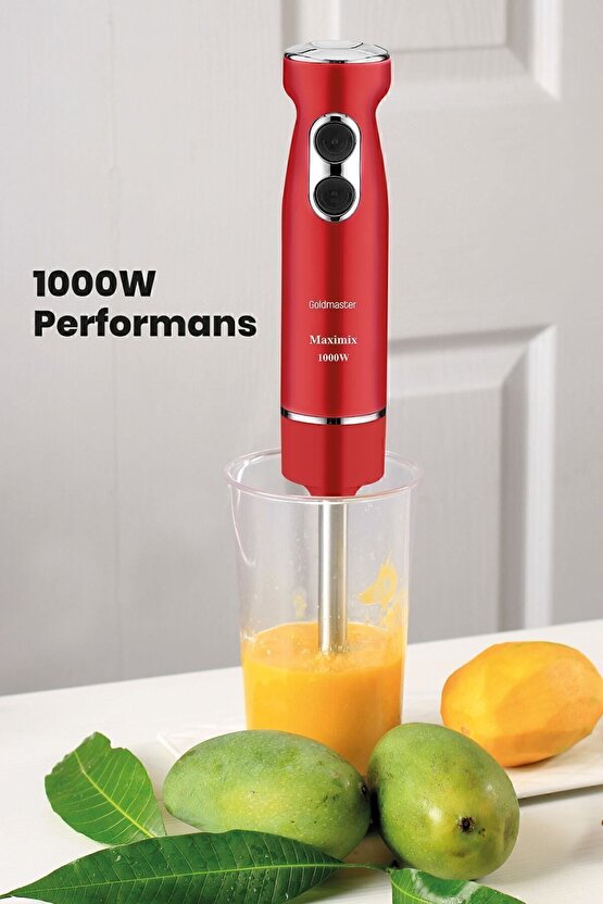 Maximix Kırmızı 1000 Watt 4 Bıçaklı Paslanmaz Çelik Turbo Hız Ayarlı El Blender