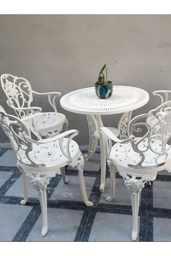 Isparta Model Ferforje Görünümlü Plastik Yuvarlak Masa Sandalye Takım Balkon Bahçe Takımı 4lü Set