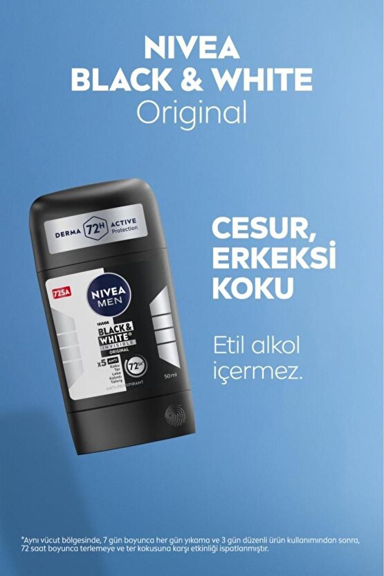 MEN Erkek Stick Deodorant Black&white Invisible Original 50ml, 72 Saat Anti-perspirant Ter Koruması