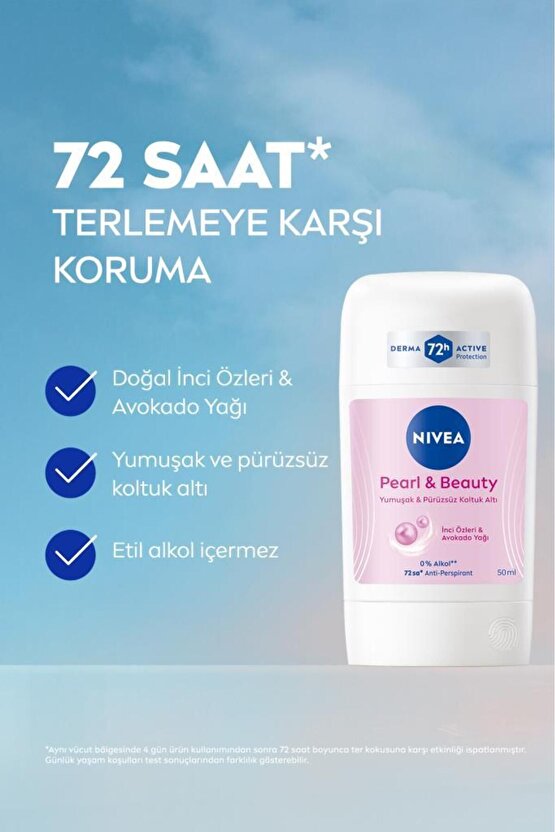 Kadın Stick Deodorant Pearl & Beauty 50ml, 72 Saat Anti-perspirant, Yumuşak ve Pürüzsüz Koltuk Altı