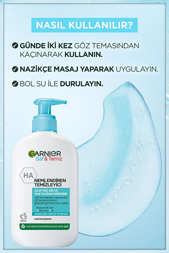 Saf ve Temiz Nemlendiren Temizleyici 250 ml (Hyaluronik Asit + Seramid + Beyaz Kil)