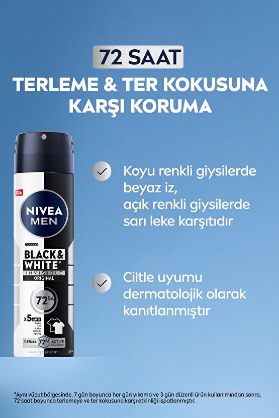 MEN Erkek Sprey Deodorant Black & White Invisible Original 150ml, 72 Saat Anti-Perspirant, X5 Adet