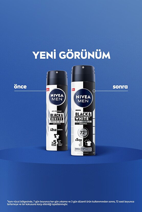 MEN Erkek Sprey Deodorant Black & White Invisible Original 150ml, 72 Saat Anti-Perspirant, X5 Adet