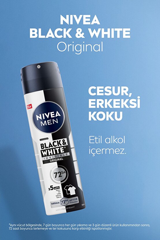 MEN Erkek Sprey Deodorant Black & White Invisible Original 150ml, 72 Saat Anti-Perspirant, X5 Adet