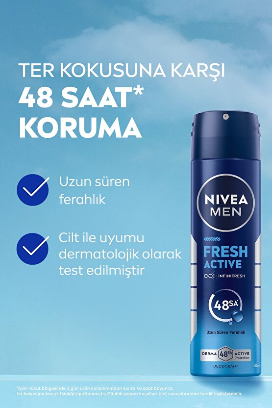 MEN Erkek Sprey Deodorant Fresh Active 150ml, Ter Kokusuna Karşı 48 Saat Koruma, X2 Adet