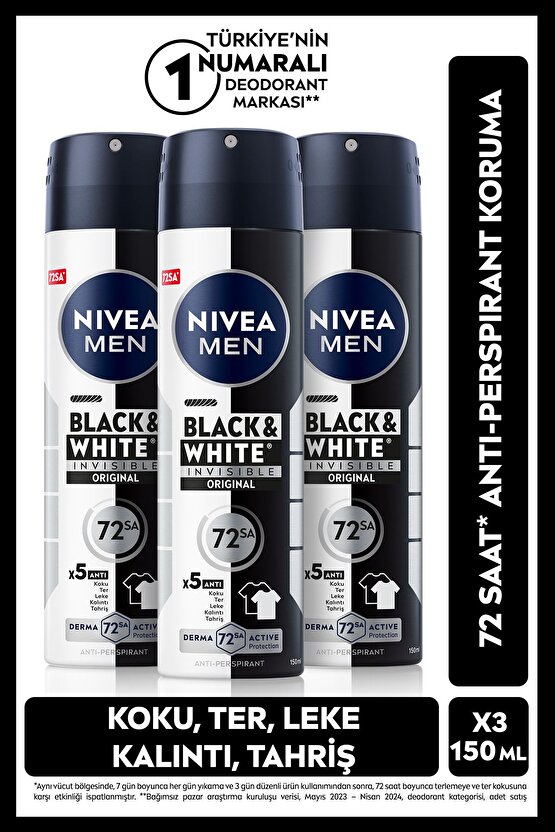 MEN Erkek Sprey Deodorant Black&White Invisible Original 150ml,72 Saat Anti-Perspirant,X3 Adet