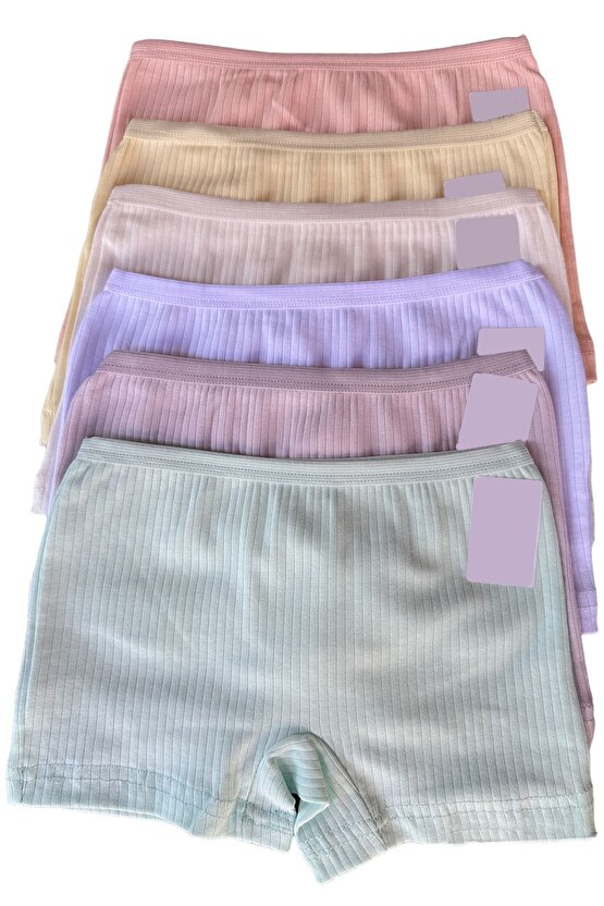 6lı Kız Çocuk Pastel Renk Fitilli Boxer (100 Adet Lastik Toka Hediyelidir)