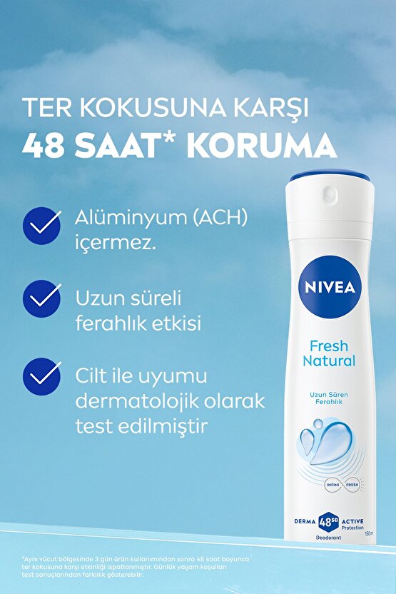 Kadın Sprey Deodorant Fresh Natural 150ml, Ter Kokusuna Karşı 48 Saat Koruma, Ferahlık, X3 Adet