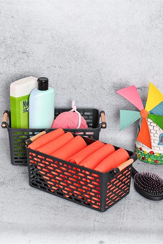 4 Adet - Çok Amaçlı Plastik Tutacaklı Organizer Sepet Dolap Içi Çekmece Düzenleyici Siyah