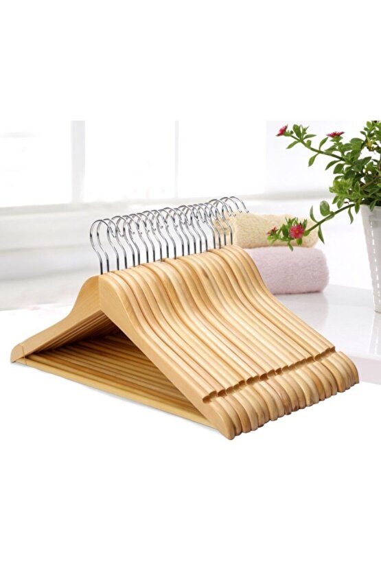 Ahşap Askı 12 Adet Naturel Kıyafet ve Elbise Askısı