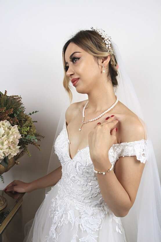 14 Ayar Altın Kadın Sonsuzluk Taşlı Inci Kolye Küpe Bileklik Üçlü Inci Set