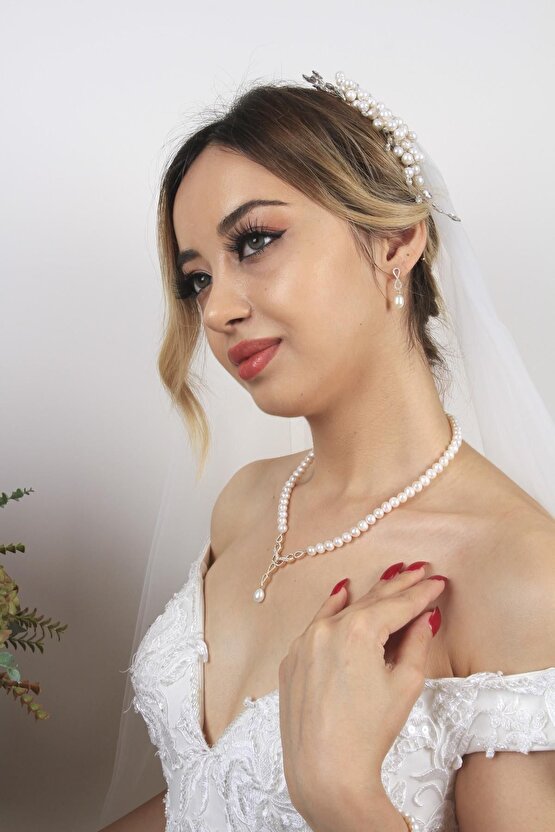 14 Ayar Altın Kadın Sonsuzluk Taşlı Inci Kolye Küpe Bileklik Üçlü Inci Set