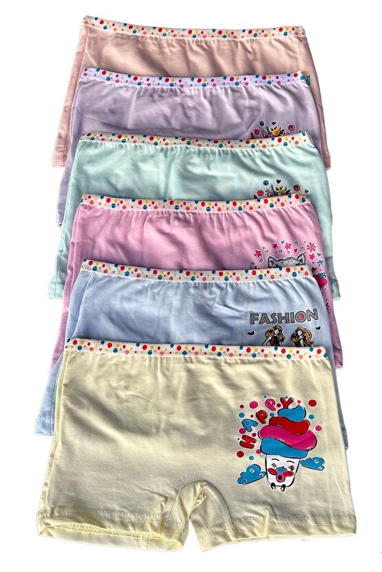 6lı Kız Çocuk Pastel Renk Baskılı Boxer (100 Adet Lastik Toka Hediyelidir)