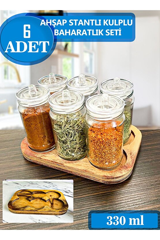 Ahşap Stantlı 6 Adet Kapağı Kulplu Ve Vakumlu Baharat Takımı