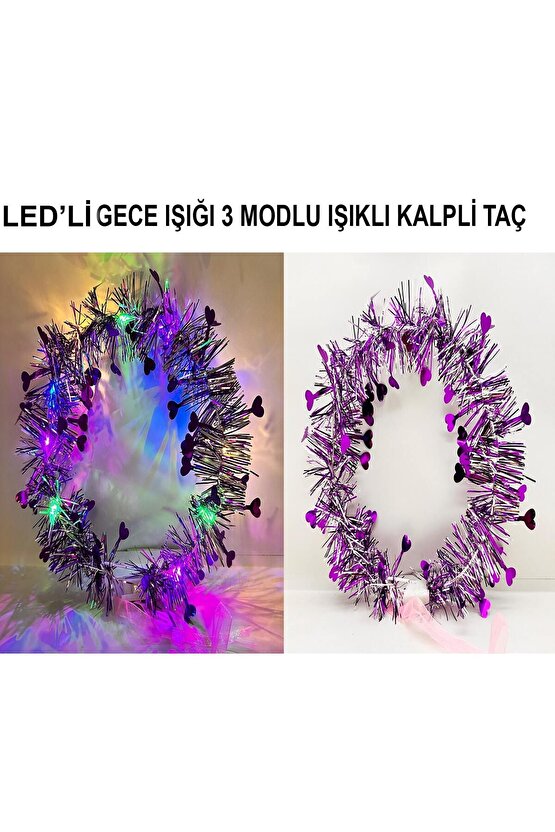 Kalp Püsküllü Gece Parıltısı 3 Modlu LED'li Işıklı Taç M