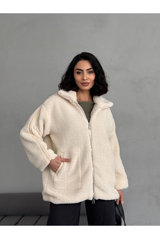 Çift Fermuarlı Uzun Kadın Peluş Mont