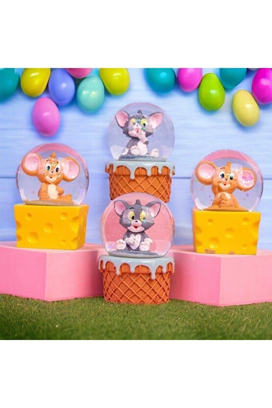 2 Li Tom Ve Jerry Tasarımlı Orta Boy Kar Küresi-masa Üstü Dekoratif