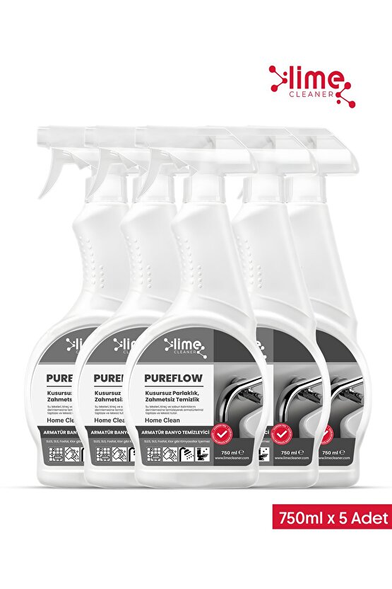 PureFlow Armatür Banyo Temizleyici Kireç ve Leke Sökücü - Etkili Çözüm! 750ml - 5 Adet