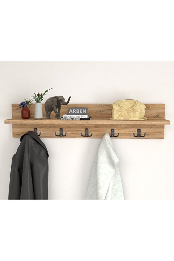 Ahşap Raflı Portmanto Duvar Askılığı Elbise Askılığı 70 Cm