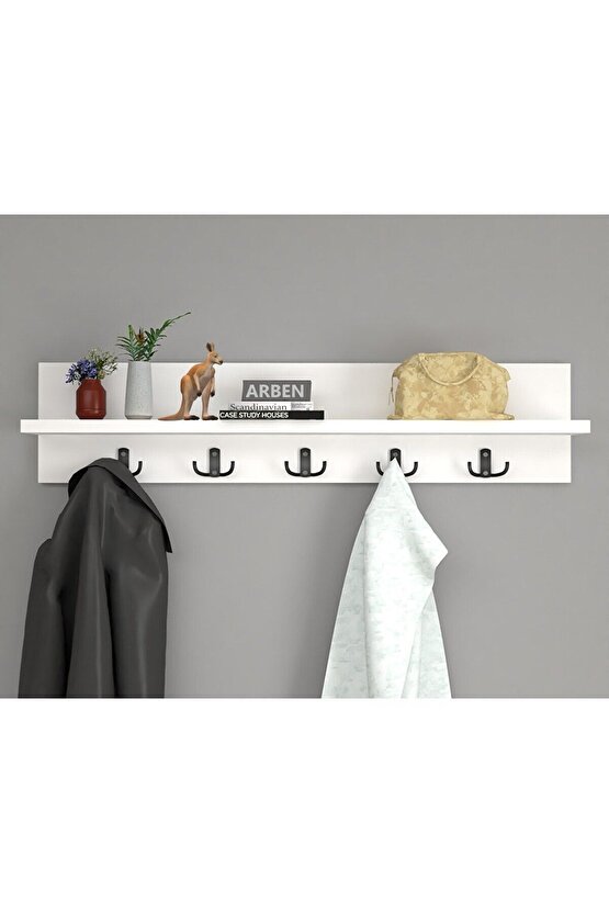 Ahşap Raflı Portmanto Duvar Askılığı Elbise Askılığı 70 Cm