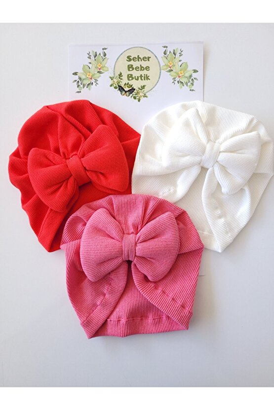 Kız Bebek & Çocuk Renkli Fiyonklu Bone 3Lü Set