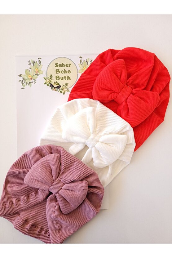 Kız Bebek & Çocuk Renkli Fiyonklu Bone 3Lü Set