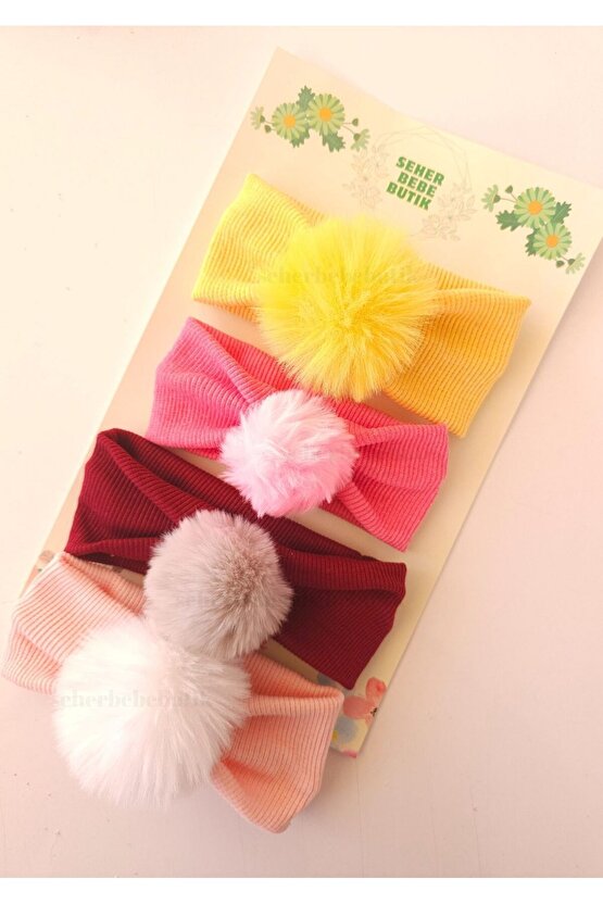 Kız Bebek & Çocuk PonPon Bandana Set - Peluş-Yumuşak-Esnek