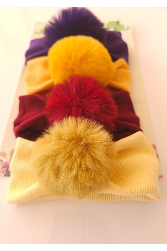 Kız Bebek & Çocuk PonPon Bandana Set - Peluş-Yumuşak-Esnek