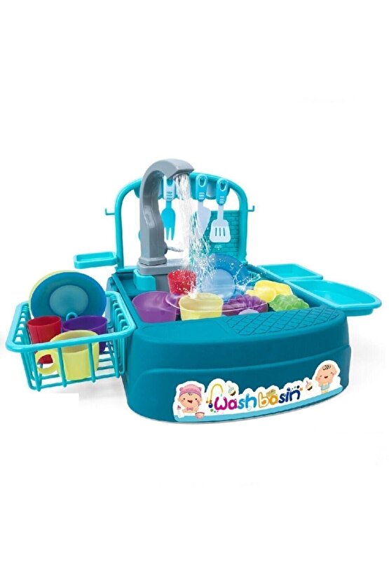 Oyuncak Bulaşık Yıkama Seti - Modern Çeşmeli Lavabo Oyun Seti Turkuaz Ve Pembe Rengi