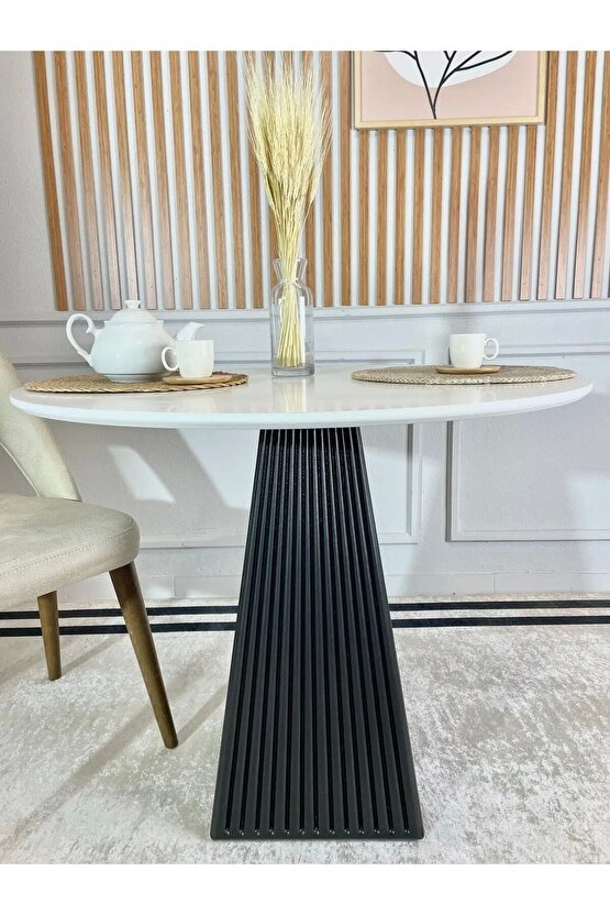 100 Cm Siyah Fitilli Yuvarlak Ahşap Yemek Masası - Fungi Mantar Masa - Balkon Kafe Masası