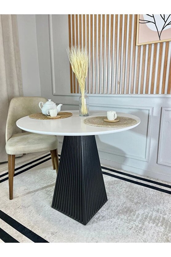 100 Cm Siyah Fitilli Yuvarlak Ahşap Yemek Masası - Fungi Mantar Masa - Balkon Kafe Masası