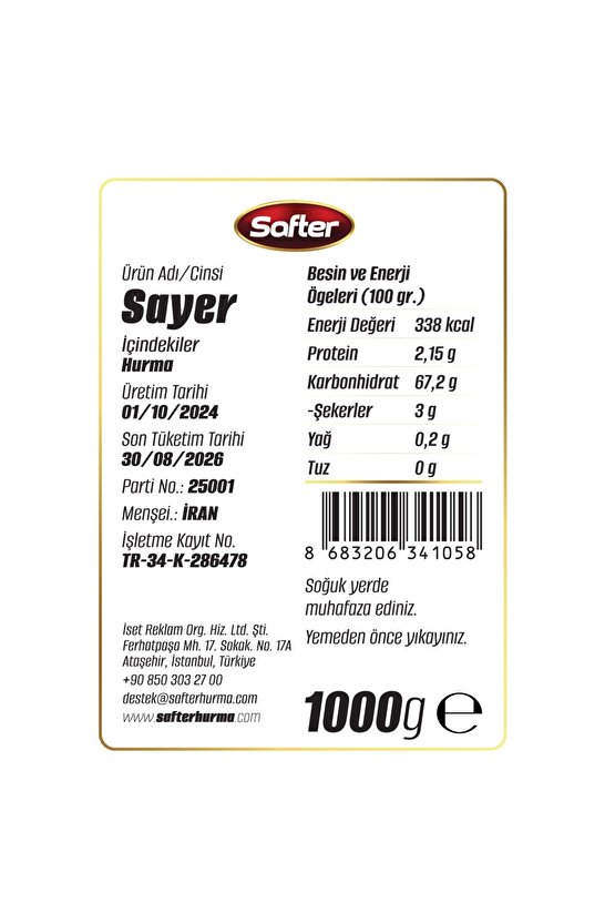Sayer Doğal Hurma, 2 kg. x 3 Paket
