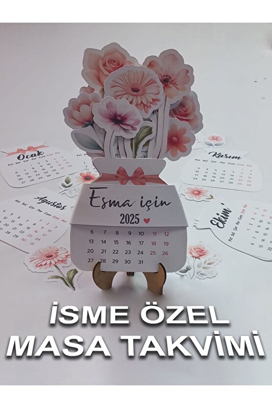 2025 Çiçekli Masa Takvimi -isme Özel Ahşap Ayaklı, Şık Ve Kişisel Tasarım