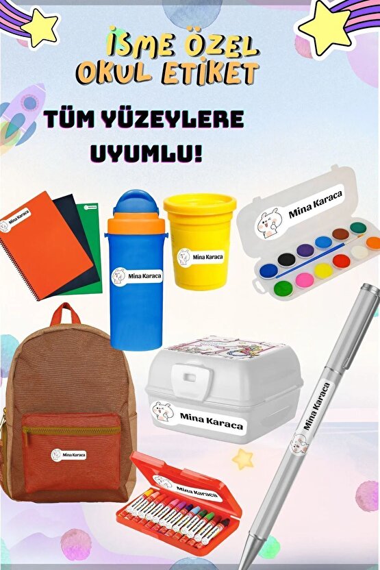 Okul Etiketi Özel İsimli Kuromi Karekterli Defter Çanta Matara Kalem Kişiye Özel İsimli Yazılı