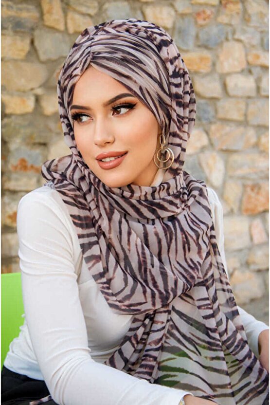 Kahve Zebra Desen Hazır Şal