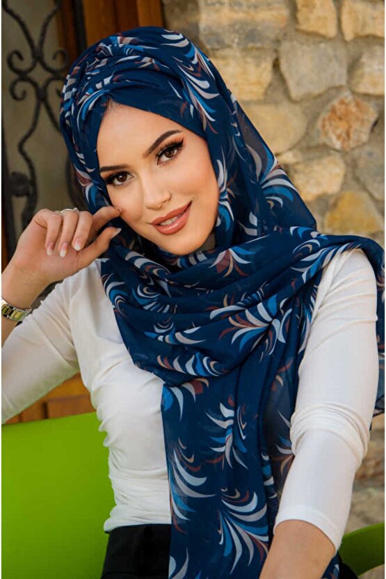 Lacivert Mavi Desen Hazır Şal