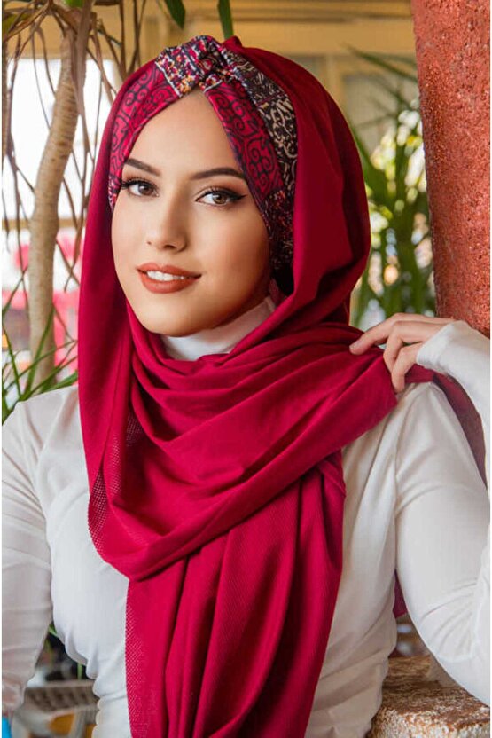 Bordo Etnik Desen Burgu Hazır Şal