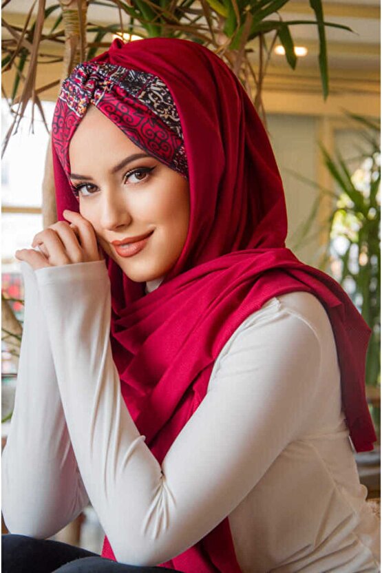 Bordo Etnik Desen Burgu Hazır Şal