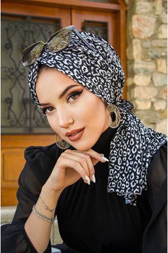 Siyah Leopar Tül Tokalı Bone - 40403