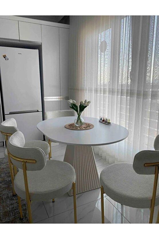 100 Cm Yuvarlak Bej Fitilli Ahşap Yemek Masası - Fungi Serisi - Mutfak Balkon Kafe Masası